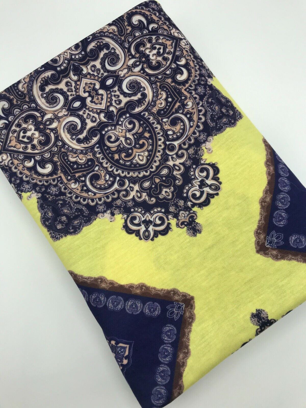 Yellow & Blue Damask Style Print Polyester Stretch Jersey - T9 Fabrics