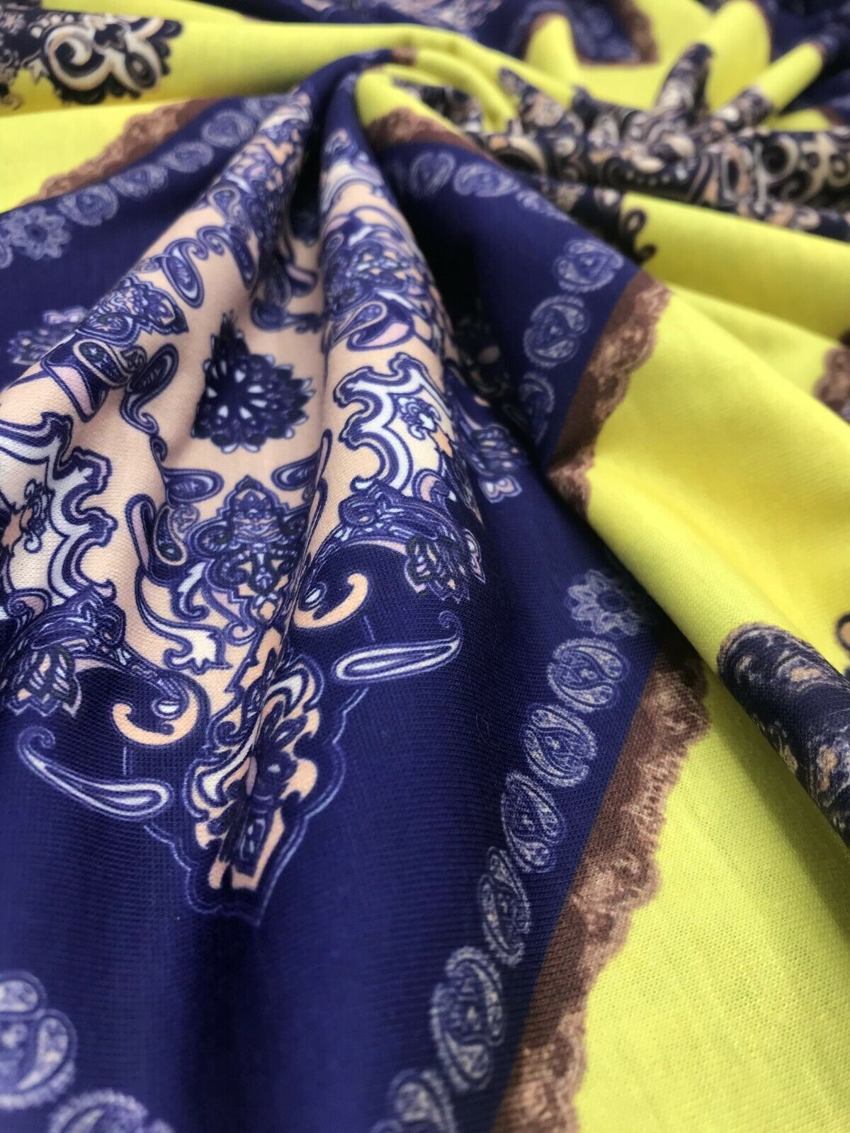 Yellow & Blue Damask Style Print Polyester Stretch Jersey - T9 Fabrics