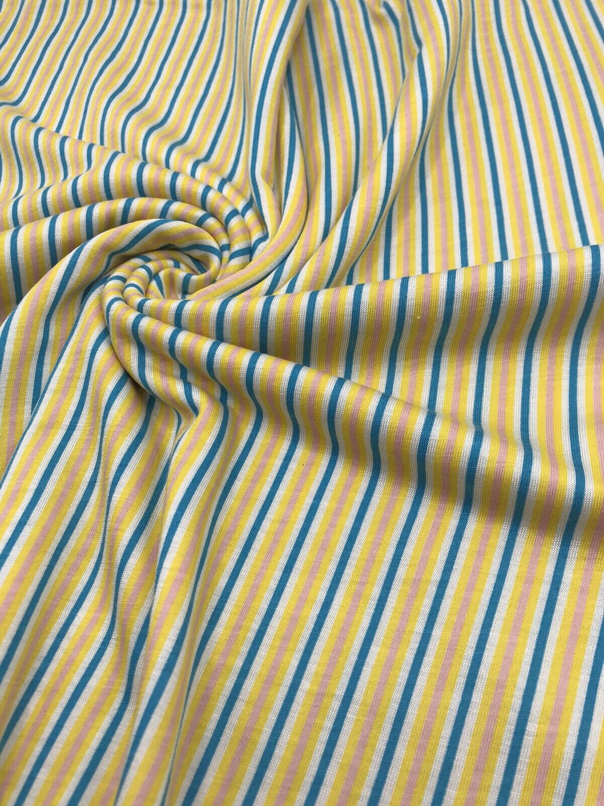 Yellow, Blue & Pink Vertical Stripe Print Viscose Elastane Fabric - T9 Fabrics