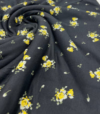 Yellow Flower On Black Print Viscose Elastane Fabric - T9 Fabrics