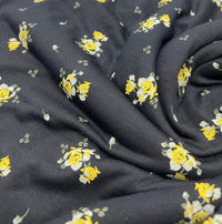 Yellow Flower On Black Print Viscose Elastane Fabric - T9 Fabrics