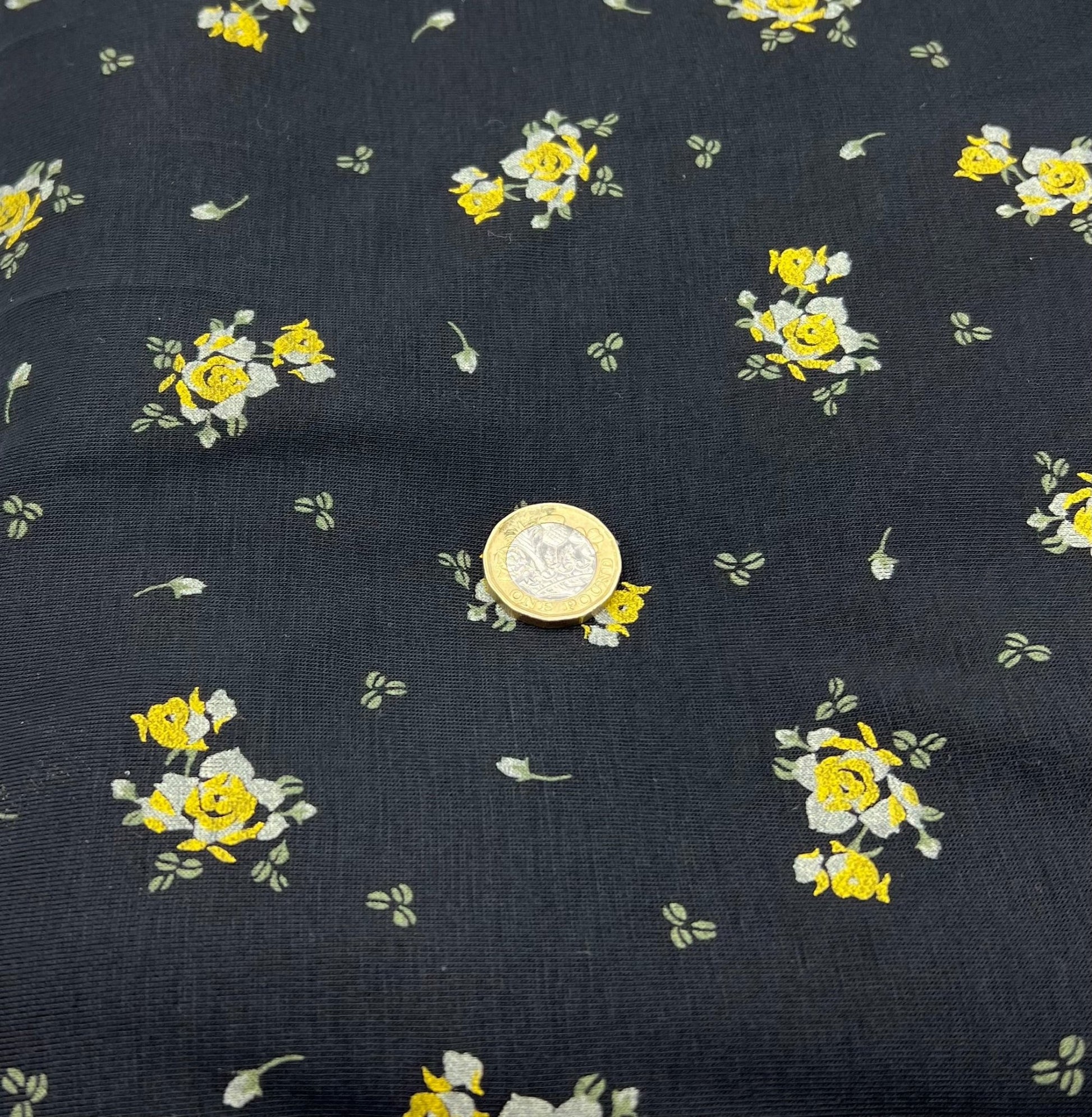 Yellow Flower On Black Print Viscose Elastane Fabric - T9 Fabrics