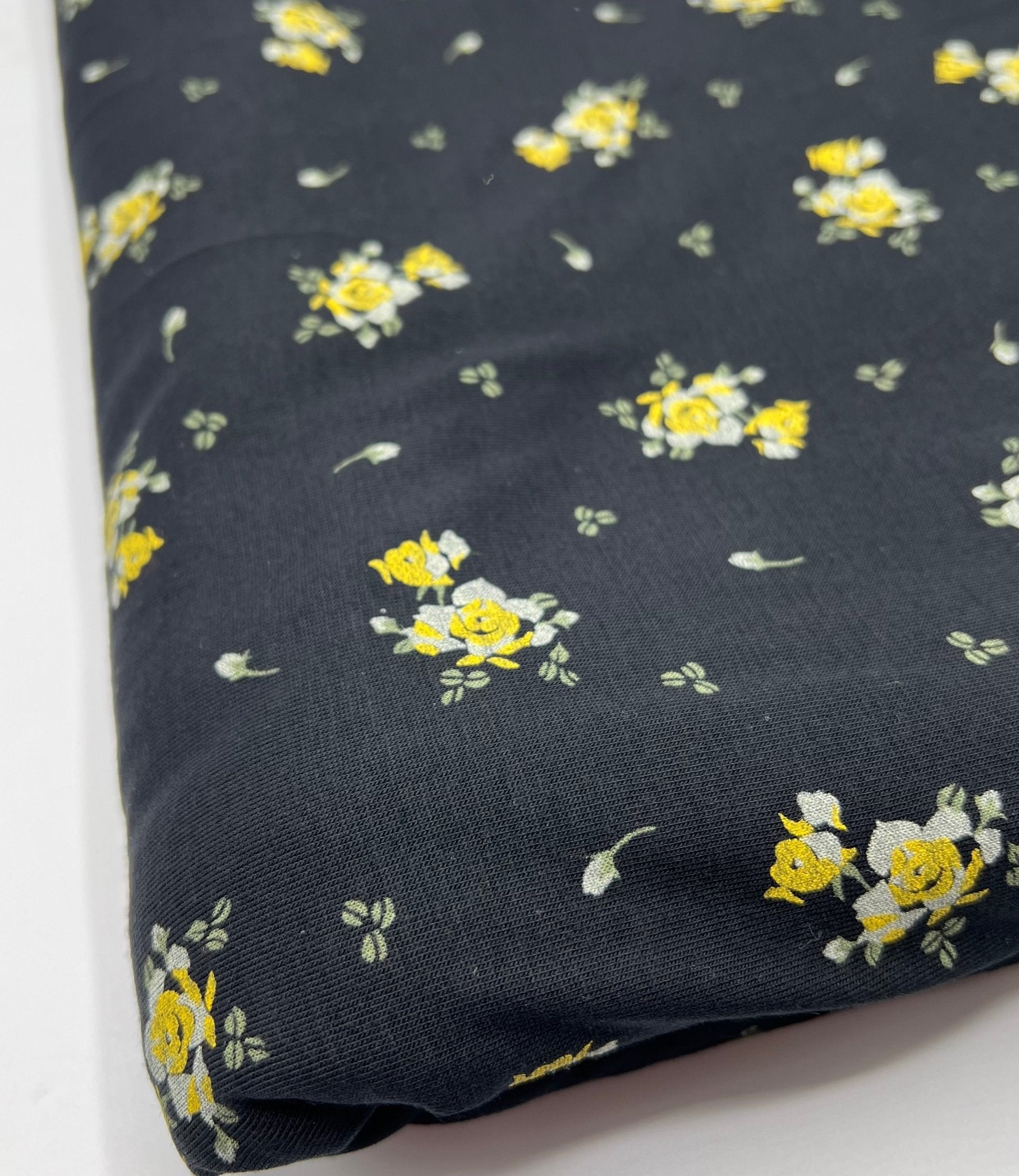 Yellow Flower On Black Print Viscose Elastane Fabric - T9 Fabrics