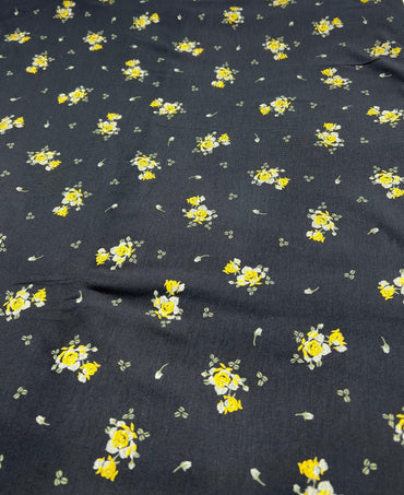 Yellow Flower On Black Print Viscose Elastane Fabric - T9 Fabrics