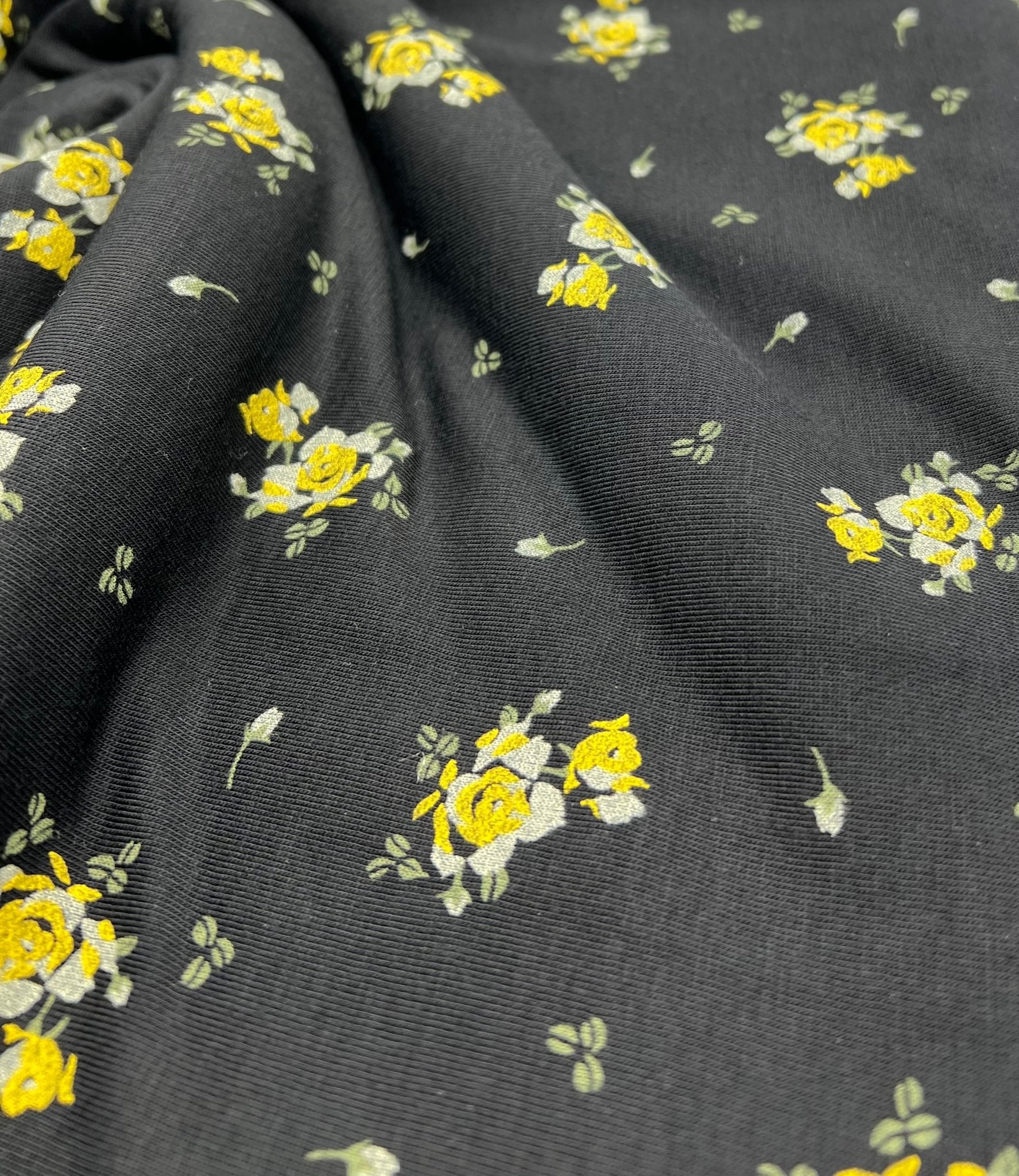 Yellow Flower On Black Print Viscose Elastane Fabric - T9 Fabrics