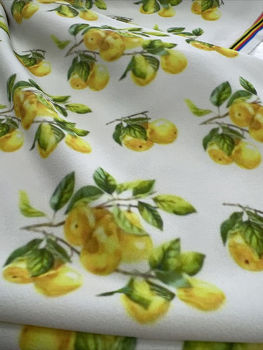 Yellow Fruit Printed Scuba Crepe Jersey Fabric 4 Way Stretch - T9 Fabrics