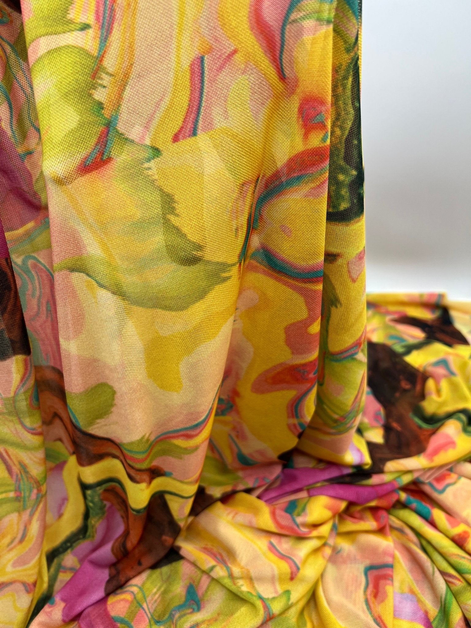 Yellow Mix Paint Print Mesh Fabric Stretch - T9 Fabrics