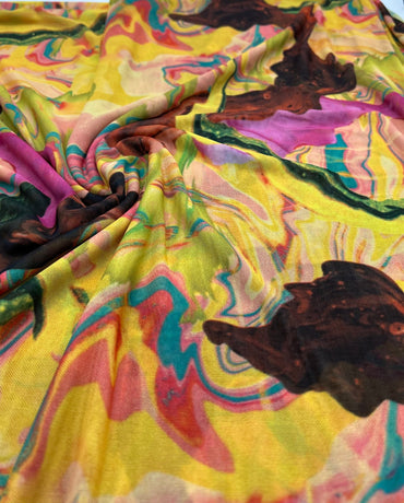 Yellow Mix Paint Print Mesh Fabric Stretch - T9 Fabrics