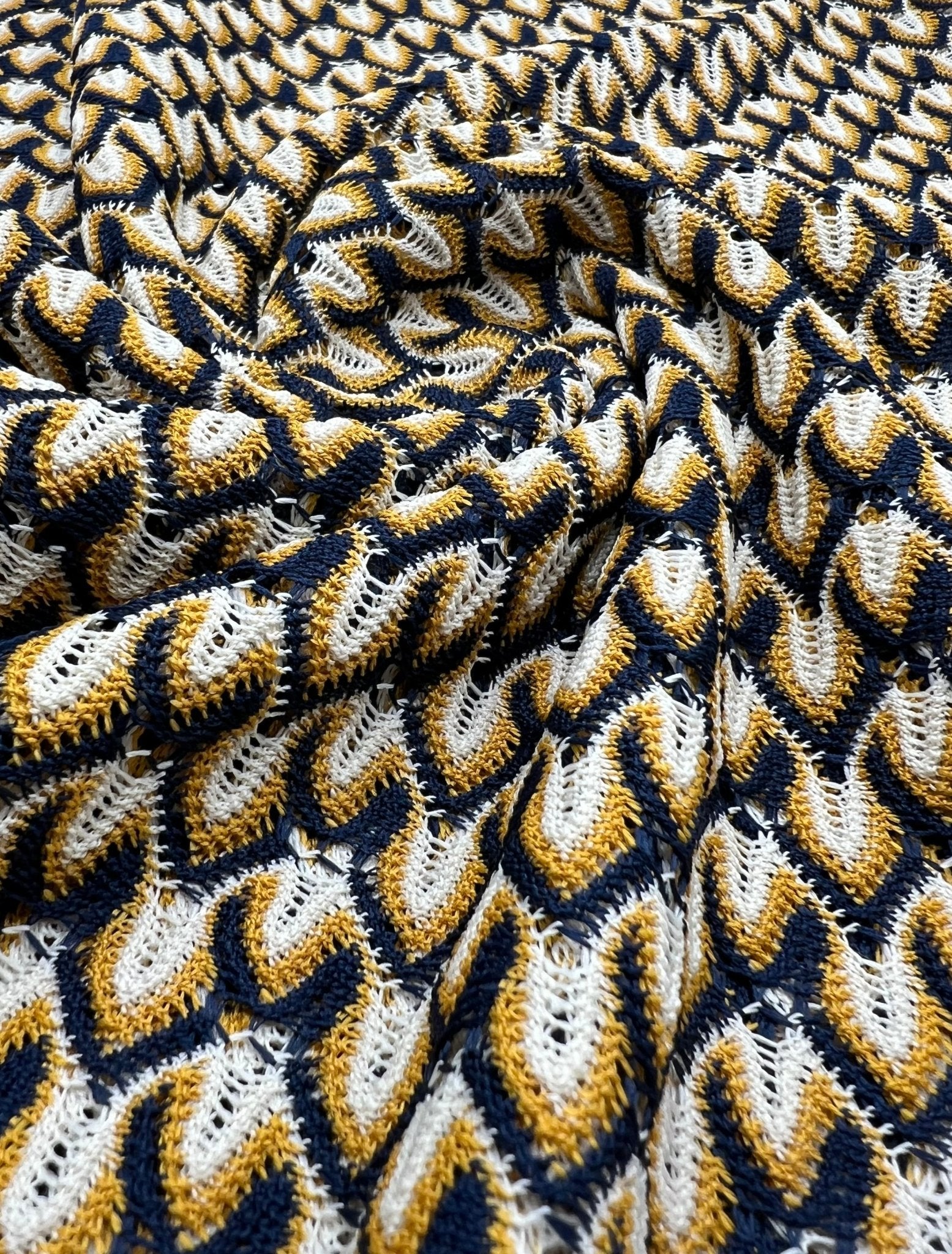 Yellow Navy Mix Knitted Lace 2 Way Stretch Fabric - T9 Fabrics