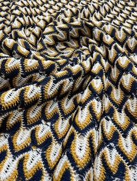 Yellow Navy Mix Knitted Lace 2 Way Stretch Fabric - T9 Fabrics