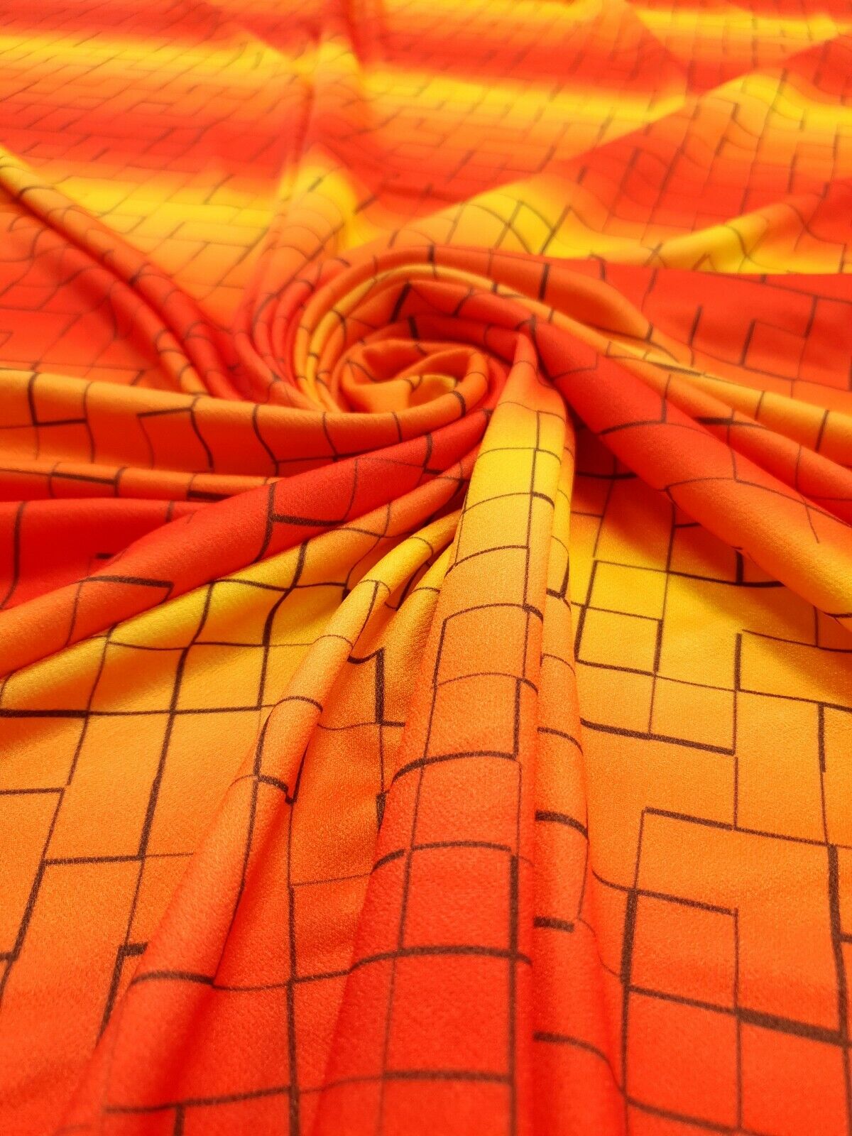 Yellow & Orange Squares Print Lightweight Jersey Crepe Fabric 4 Way Stretch - T9 Fabrics