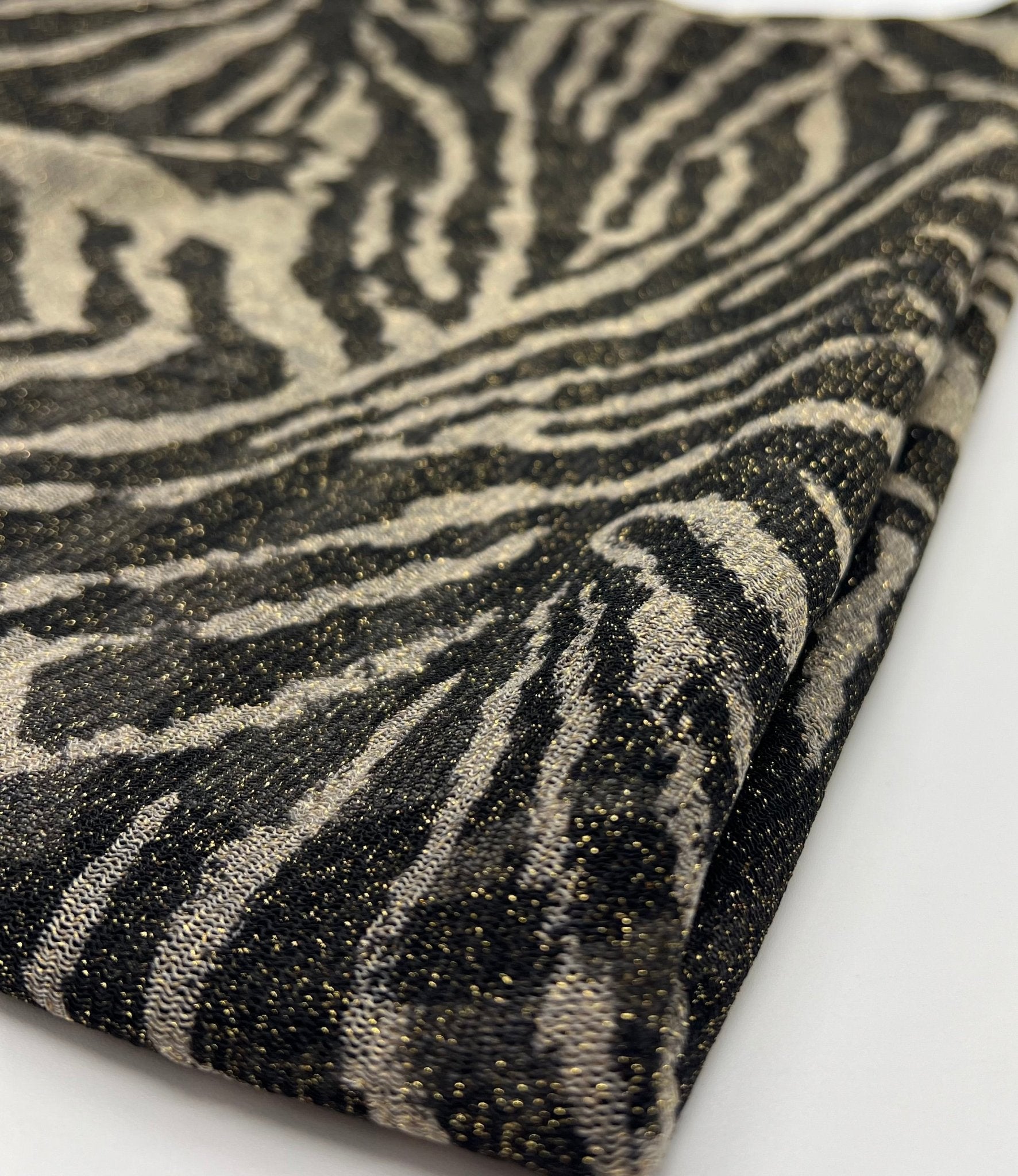 Zebra Gold Shimmer Shiny Print Mesh Fabric 2 Way Stretch - T9 Fabrics