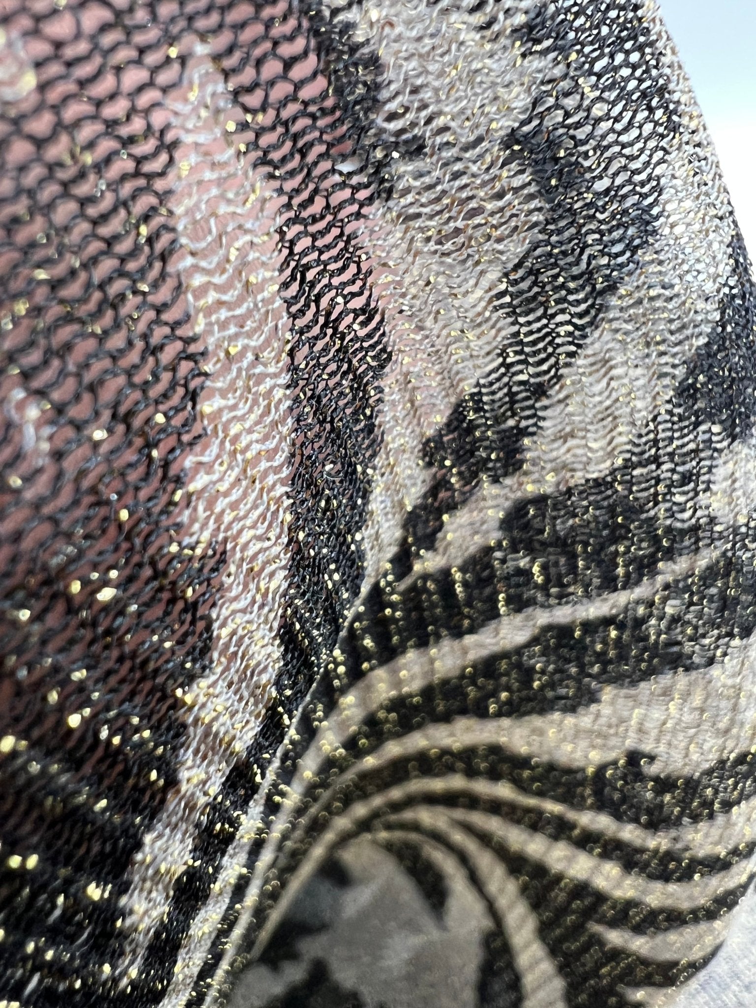 Zebra Gold Shimmer Shiny Print Mesh Fabric 2 Way Stretch - T9 Fabrics