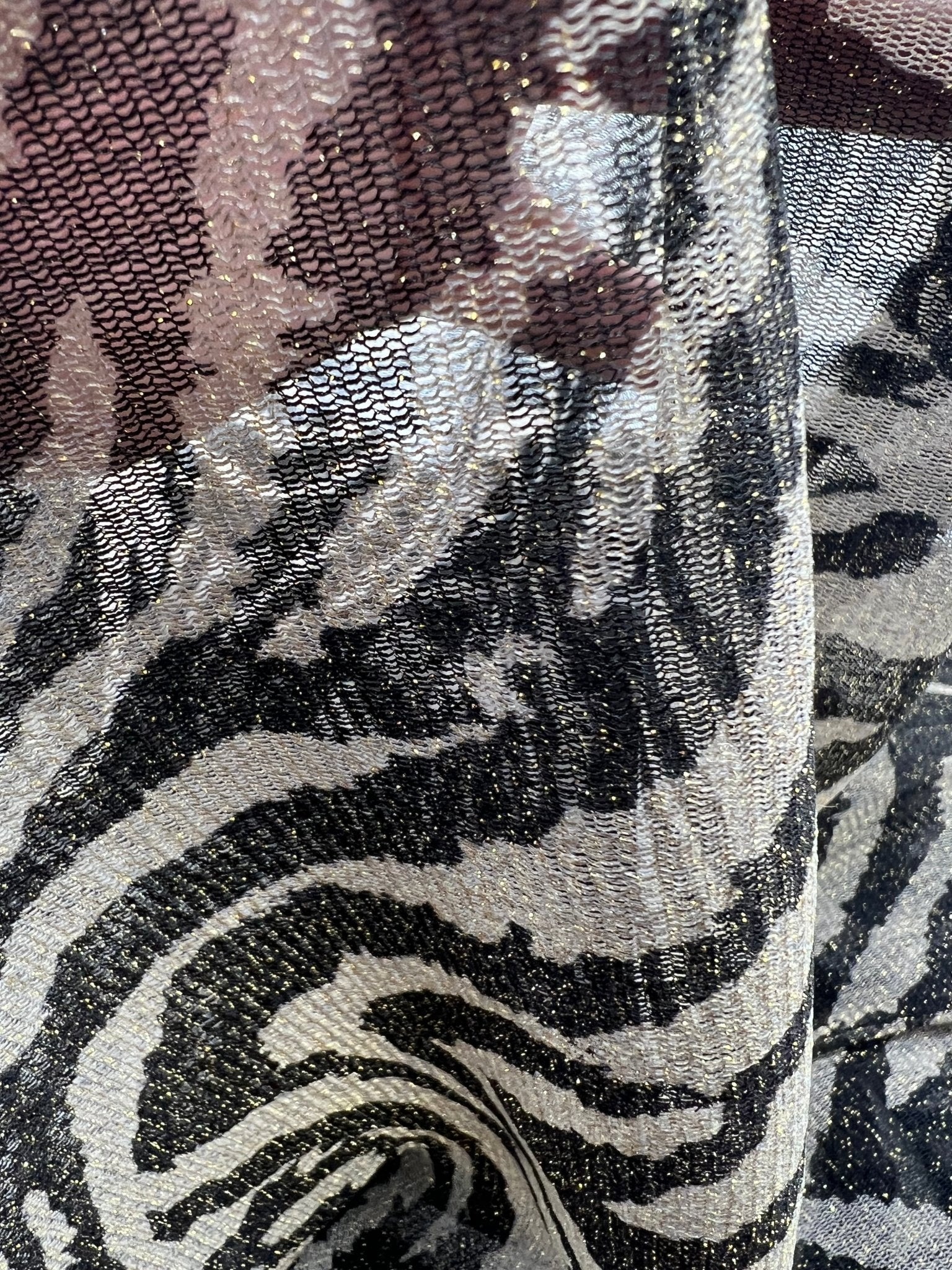 Zebra Gold Shimmer Shiny Print Mesh Fabric 2 Way Stretch - T9 Fabrics