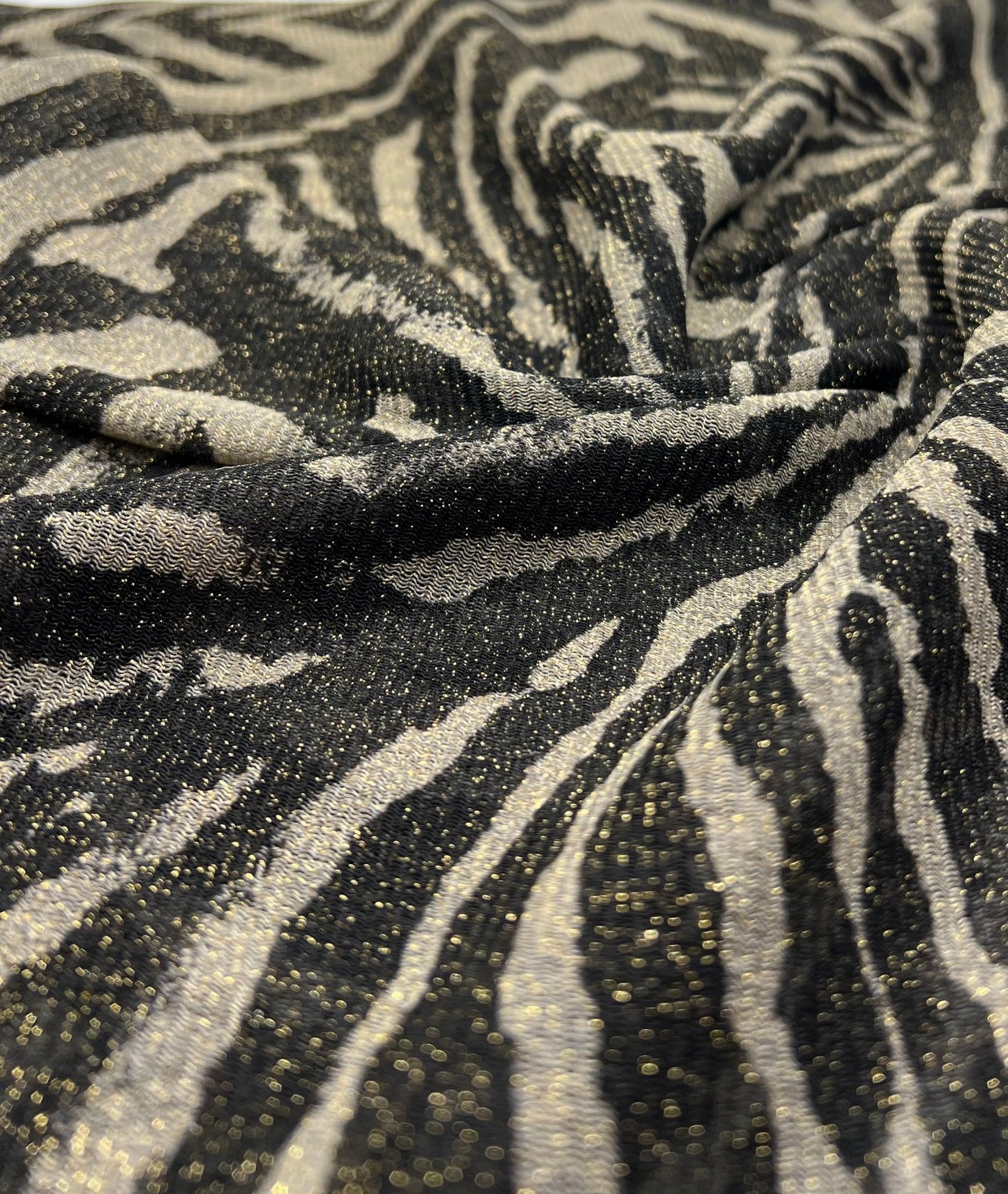 Zebra Gold Shimmer Shiny Print Mesh Fabric 2 Way Stretch - T9 Fabrics